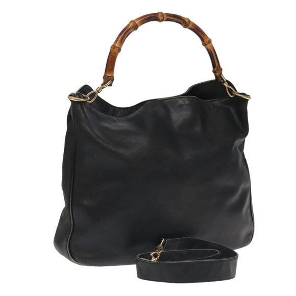 GUCCI Bamboo Shoulder Bag Leather 2way Black Gold 001.123.1577 Auth - Picture 1 of 14